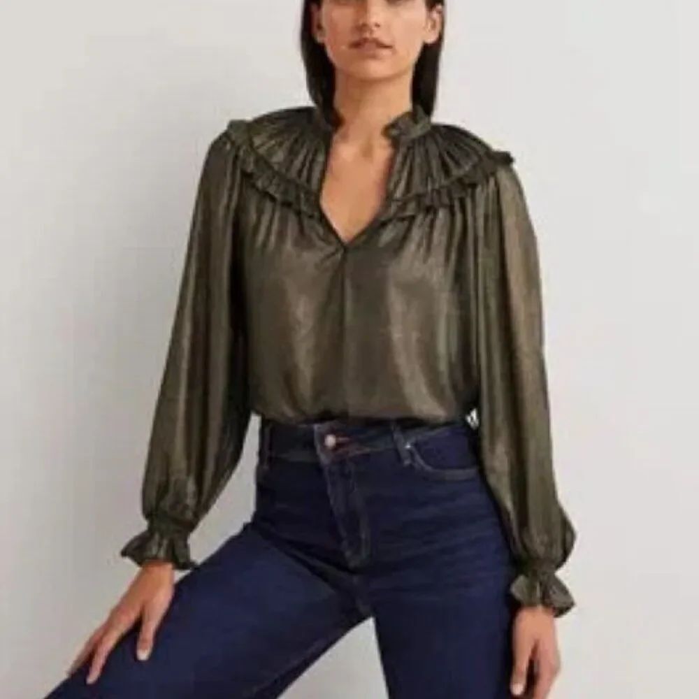 Boden Womens Top Metallic Blouse UK 18 US 14 Gold Black Ruffle Collar T1073 NWT